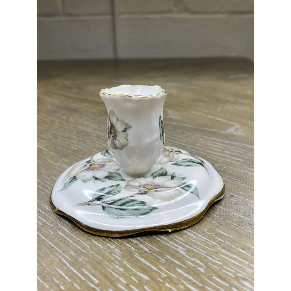 Staffordshire Candle Holder Bone‎ China White Flower Gold